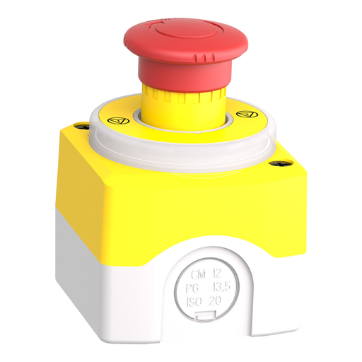 Mayer-DDS-Control station, Harmony XALD, plastic, yellow lid, 1 emergency stop 40mm, turn to release, illuminated ring white red fixed, 1NO 1NC, 24V AC DC-2