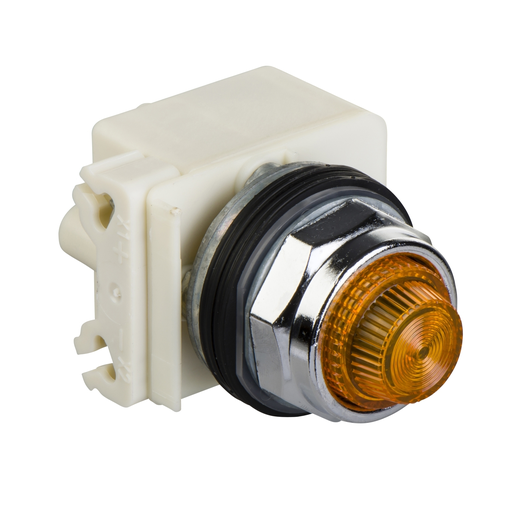 Mayer-DDS-30mm push button, Type K, push to test pilot light, yellow LED light module, 120VAC, amber fresnel lens, NEMA 4, 13-1