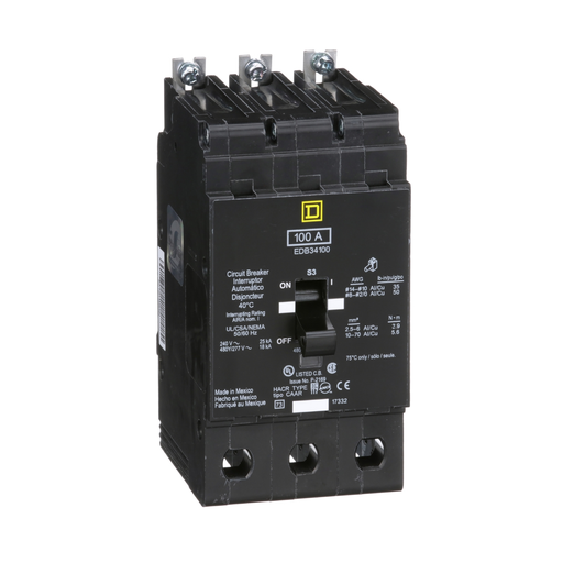 EDB34100 - [TAA] Mini circuit breaker, E-Frame, 100A, 3 pole, 480Y/277VAC, 25kA max, bolt on
