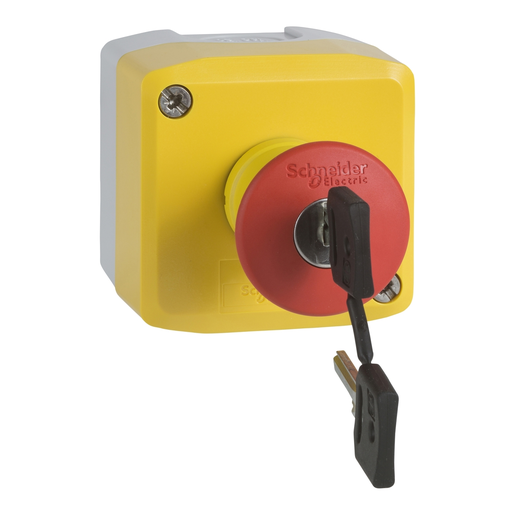 Mayer-DDS-Control station, Harmony XALK, plastic, yellow lid, 1 red mushroom push button 40mm, key release, 1NC, unmarked-1