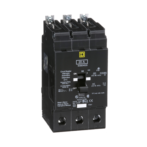 EGB34020 - [TAA] Mini circuit breaker, E-Frame, 20A, 3 pole, 480Y/277VAC, 65kA max, bolt on