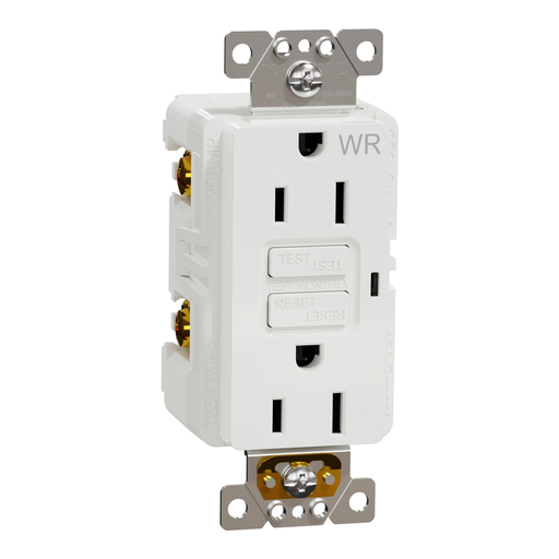 SQR51103WH - Socket-outlet, X Series, 15A, decorator, GFCI, tamper resistant, weatherproof, residential, white, matte finish