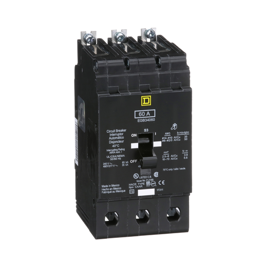 EGB34060 - [TAA] Mini circuit breaker, E-Frame, 60A, 3 pole, 480Y/277VAC, 65kA max, bolt on