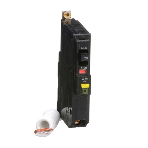 QOB120VHGFI - Mini circuit breaker, QO, 20A, 1 pole, 120VAC, 22kA, bolt on, 6mA grd fault A, pigtail