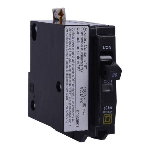 Mayer-DDS-Mini circuit breaker, QO, 20A, 1 pole, 120/240VAC, 10kA, bolt on, aux switch 1B-1