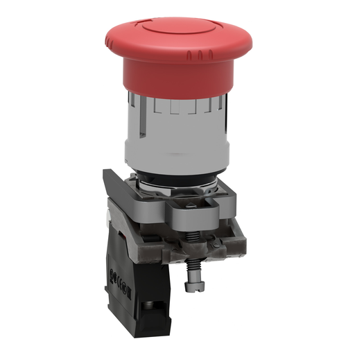Mayer-DDS-22mm push button, Harmony XB4, metal base, turn to release push button, 40mm red mushroom button, 6A at 120VAC, 1NC-2