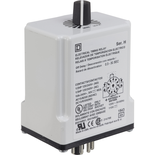 Mayer-DDS-Timing Relay, Type JCK, plug In, off delay, adjustable time, 0.1 to 10 seconds, 10A, 240 VAC, 120 VAC/110 VDC-2