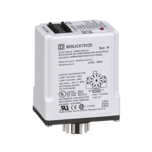 9050JCK70V20 - Timing Relay, Type JCK, plug In, multifunction, programmable, 0.5 second to 999 hours, 10A, 240 VAC, 120 VAC/110 VDC