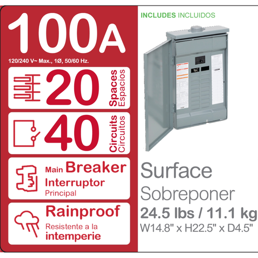 Mayer-DDS-Load center, Homeline, 1 phase, 20 spaces, 40 circuits, 100A convertible main breaker, PoN, NEMA3R-2