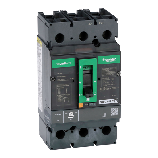 JDL36200C - Circuit breaker, PowerPacT J, 200A, 3 pole, 600VAC, 14kA, lugs, thermal magnetic, 100%