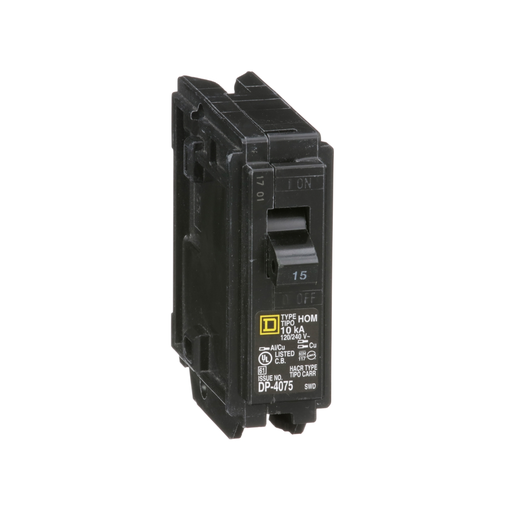 HOM115 - Mini circuit breaker, Homeline, 15A, 1 pole, 120/240VAC, 10kA AIR, standard type, plug in, UL