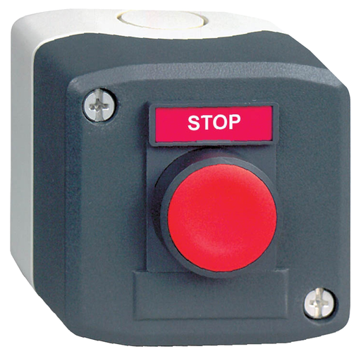 Mayer-DDS-Complete control station, Harmony XALD, dark grey, 1 red flush pushbutton, 22mm, spring return, 1NO, marked STOP-1