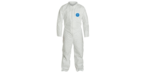 DuPont™ Tyvek® 400 Coverall. Comfort Fit Design. Collar. Stormflap. Open Wrists and Ankles. Elastic Waist. Serged Seams. Semi-auto locking slider zipper pull. White.