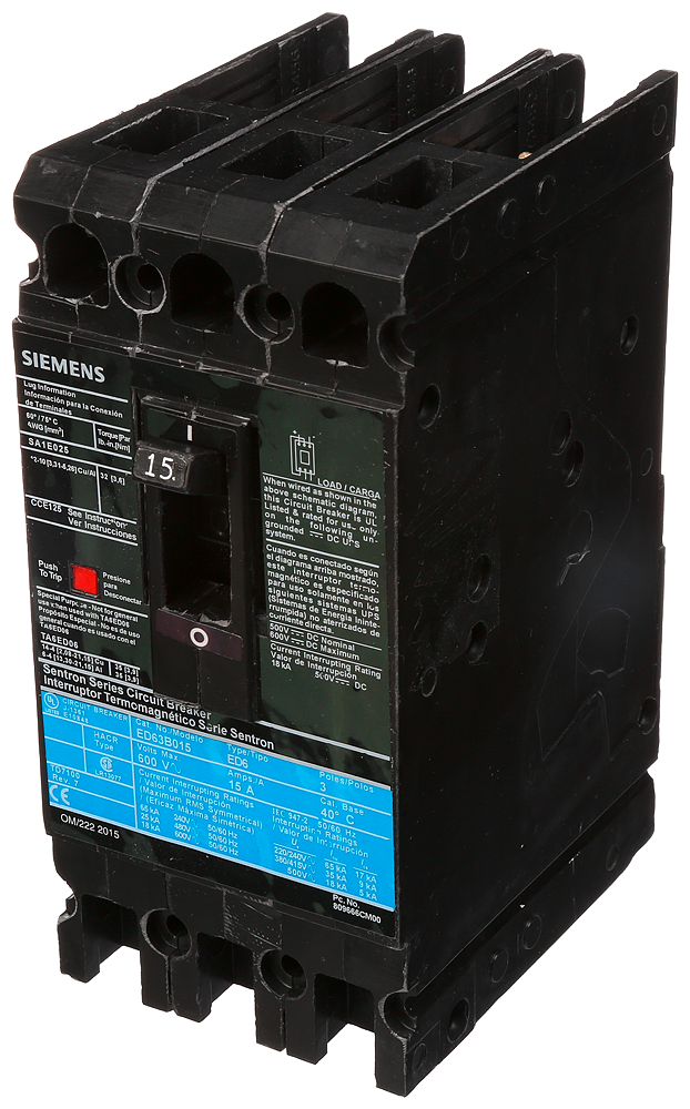 Product image for Siemens ED63B015 3-Pole 15 Amp 600 Volt 18 kA Circuit Breaker Lugs