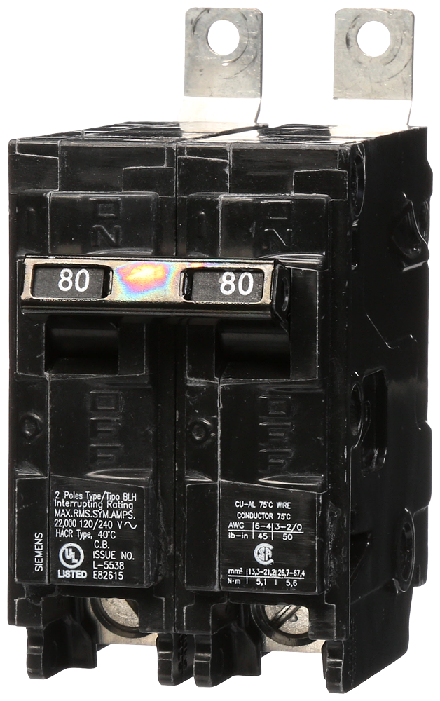 Product image for Siemens B280H 2-Pole 80 Amp 120/240 VAC 22 kA Bolt-On Molded Case Circuit Breaker