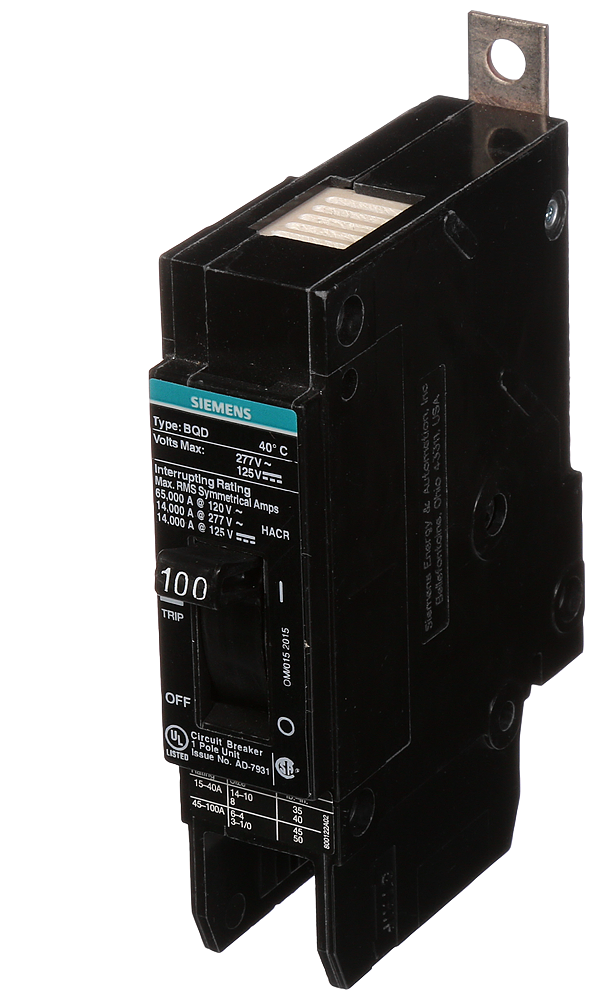 Product image for Siemens BQD1100 1-Pole 100 Amp 277 VAC 14 kA Molded Case Circuit Breaker