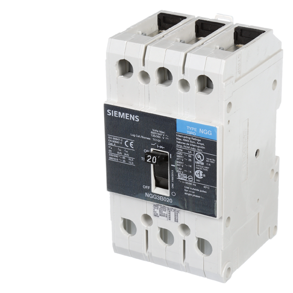 Product image for Siemens NGG3B020L 3-Pole 480 VAC 20 Amp 25 kA Thermal Magnetic Molded Case Circuit Breaker