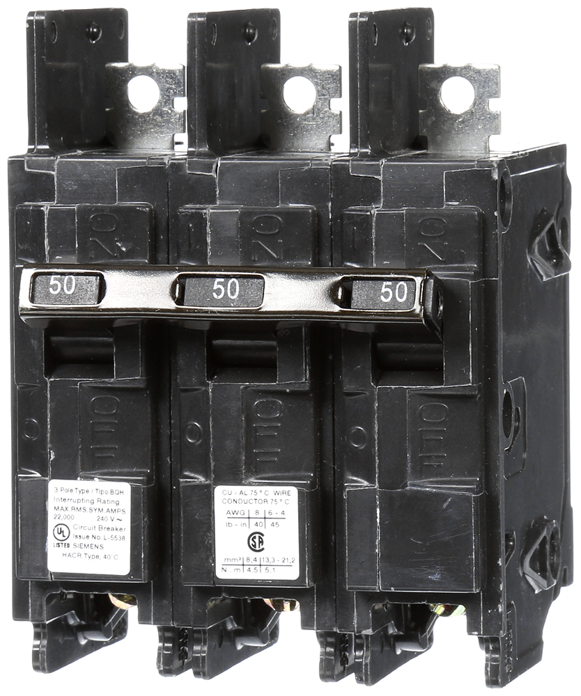 Product image for Siemens BQ3B050H 240 Volt 50 Amp 22 kaic 3-Pole Type BQH Circuit Breaker