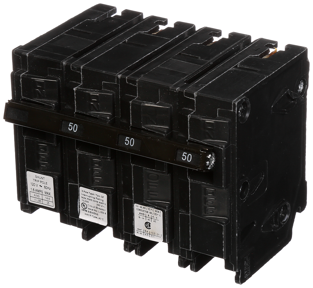 Product image for Siemens Q35000S01 3-Pole 50 Amp 240 VAC 10 kA 120 Volt Shunt Trip Molded Case Circuit Breaker