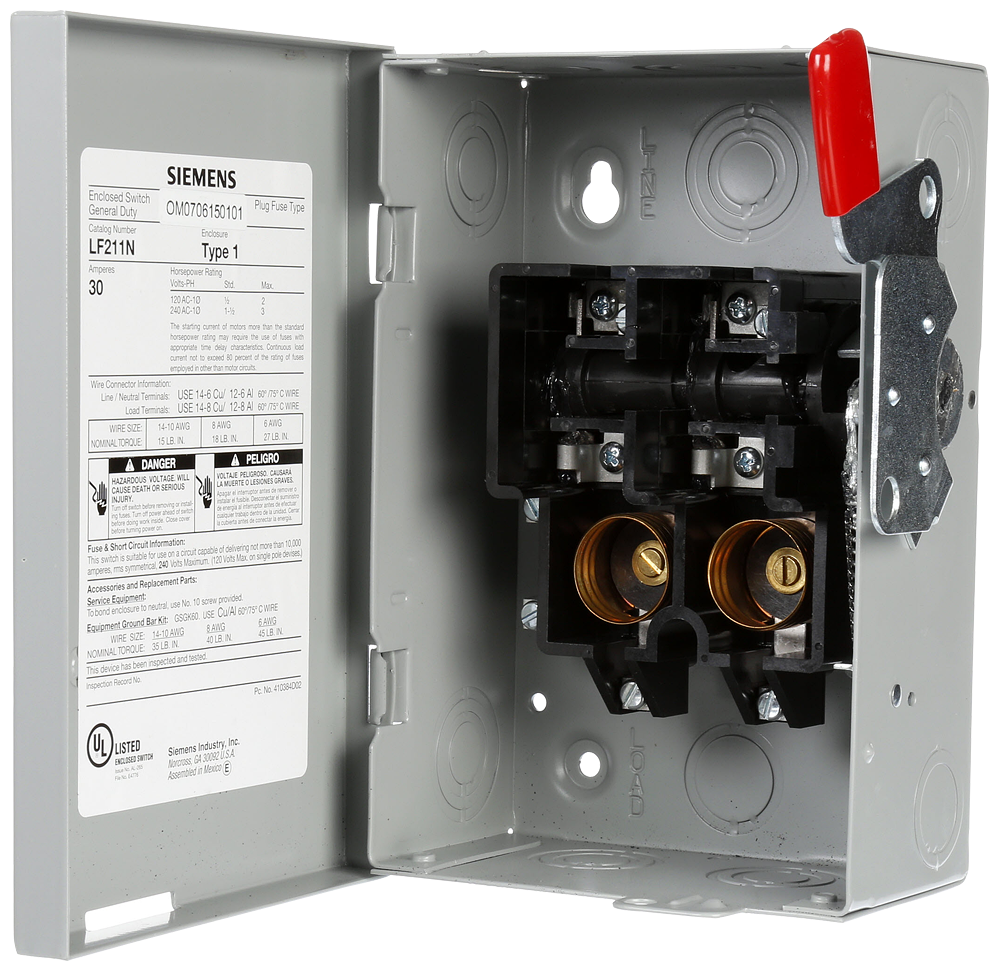 Product image for Siemens LF211NU 120/240 Volt 30 Amp 2-Pole Fusible Safety Switch