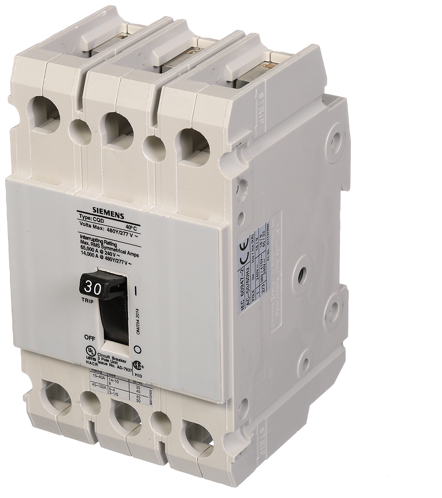 Product image for Siemens CQD330 480 and 277 Volt 30 Amp 14 kaic 3-Pole Type CQD Circuit Breaker with DIN Rail