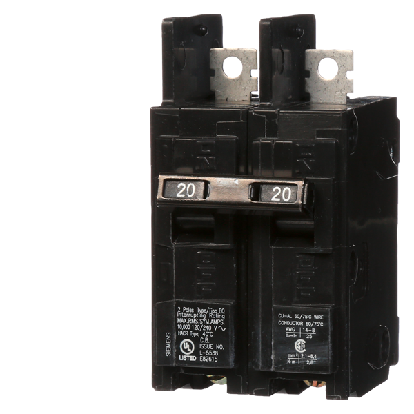 Product image for Siemens BQ2B020 2-Pole 20 Amp 120/240 Volt 10 K Circuit Breaker