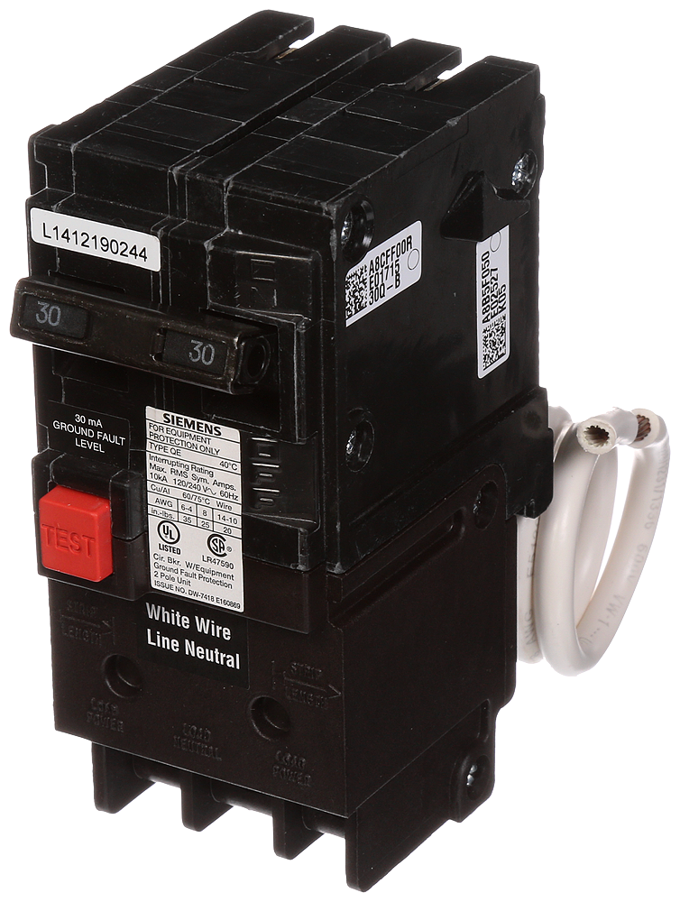 Siemens QE230 2-Pole 30 Amp 120/240 VAC 10 kA Ground Fault Circuit Interrupter Product image for Siemens QE230 2-Pole 30 Amp 120/240 VAC 10 kA Ground Fault Circuit Interrupter