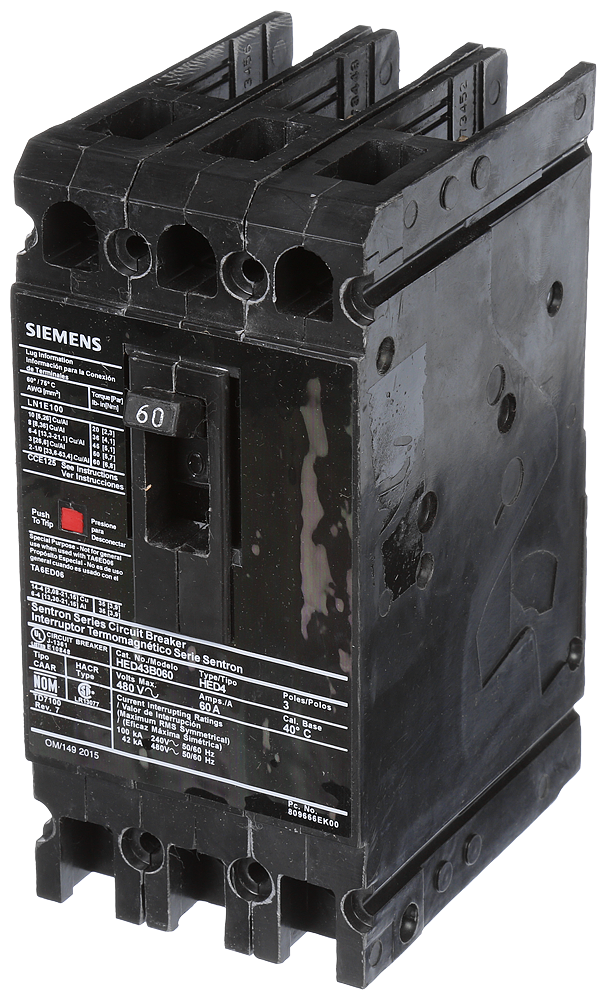 Product image for Siemens HED43B060 3-Pole 480 VAC 60 Amp 42 kA Plug-In Thermal Magnetic Molded Case Circuit Breaker