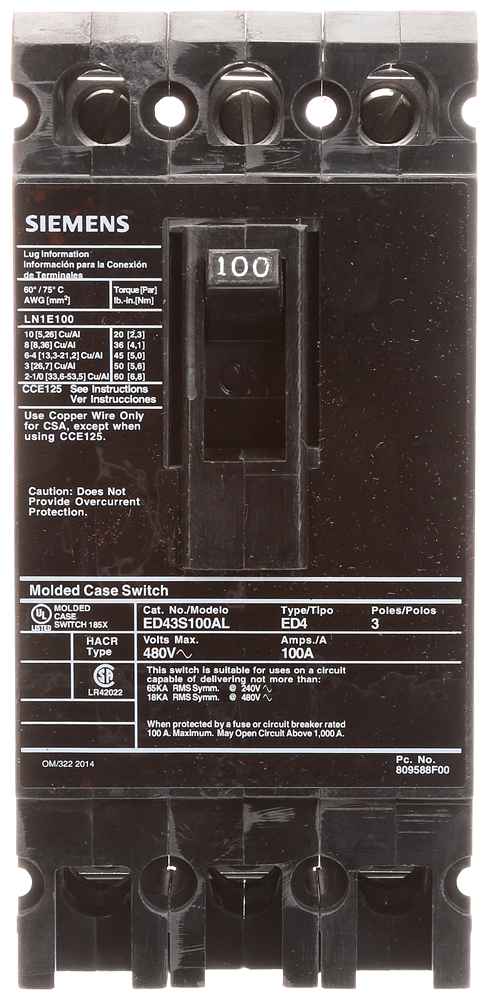 Product image for S-A ED43S100AL BREAKER ED 3P 100A 4