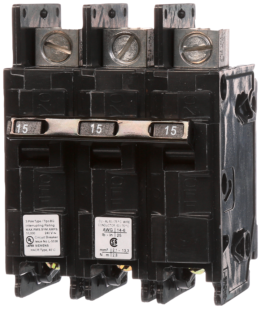 Product image for Siemens BQ3B015L 3-Pole 15 Amp 3-Pole 240 Volt 10 K Circuit Breaker Line Lugs
