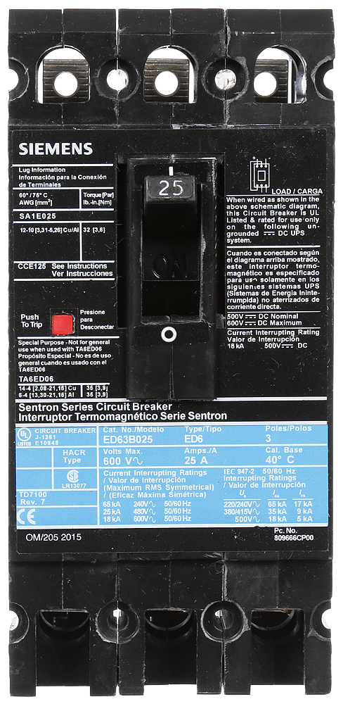 Product image for Siemens ED63B025 600 Volt 25 Amp 18 kaic 3-Pole Circuit Breaker with LD Lug
