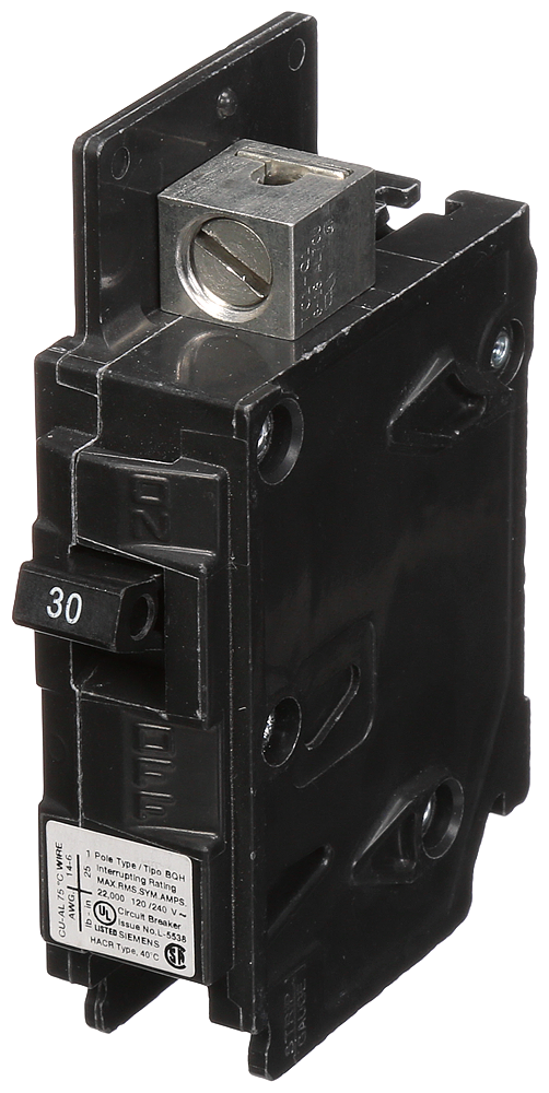 Product image for Siemens BQ1B030H 1-Pole 30 Amp 120 VAC 22 kA Molded Case Circuit Breaker