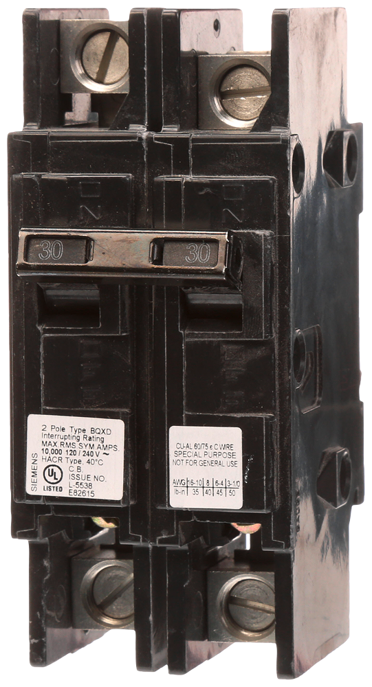 Product image for Siemens BQ2B030QLD 120 and 240 Volt 30 Amp 10 kaic 2-Pole Type BQXD Circuit Breaker with DIN Rail