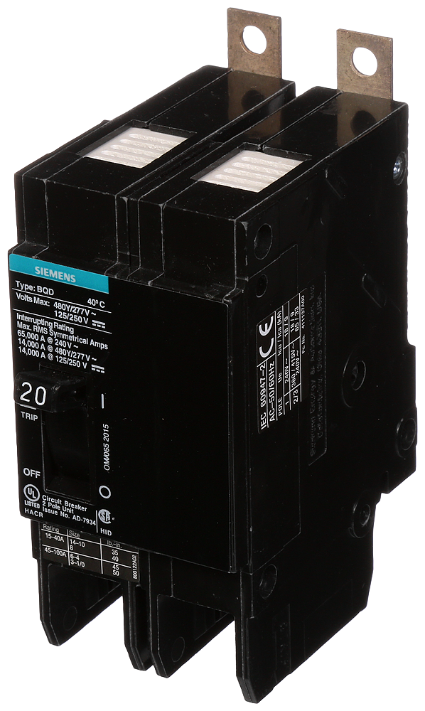 Product image for Siemens BQD220 2-Pole 20 Amp 480 VAC 14 kA Circuit Breaker