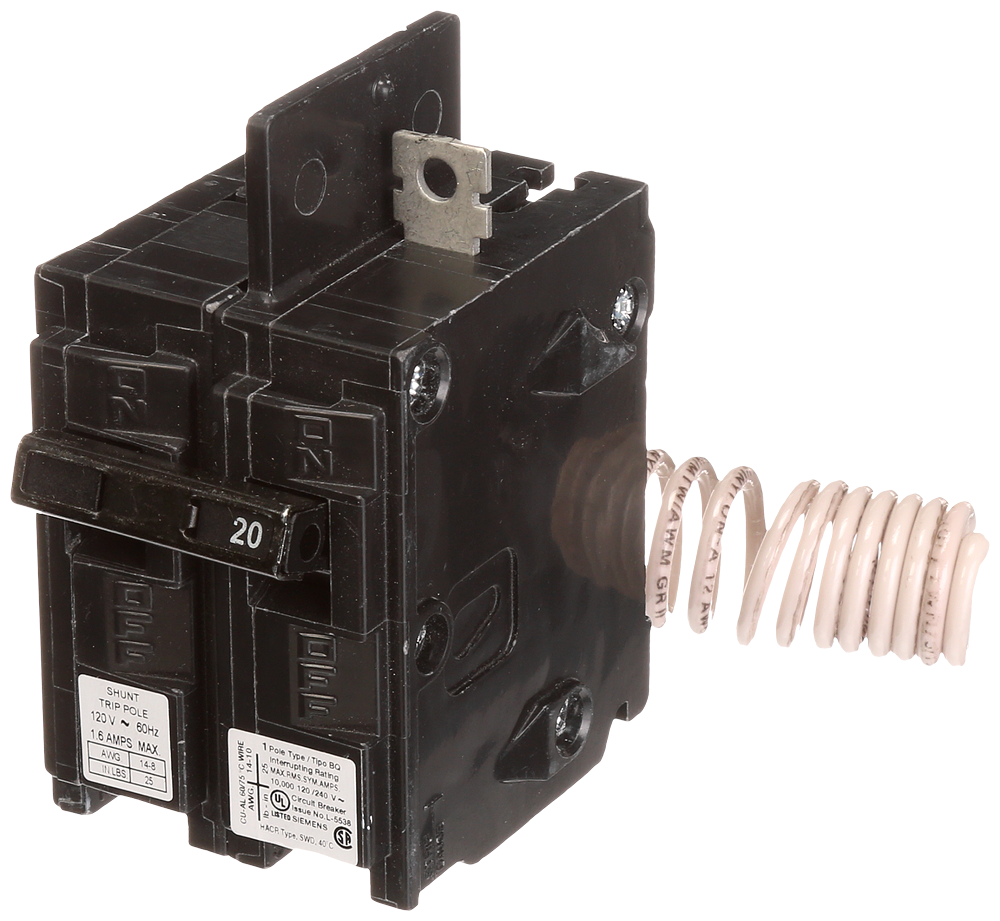 Product image for Siemens BQ1B02000S01 1-Pole 20 Amp 120 Volt 10 K Circuit Breaker with 120 Volt Shunt Trip
