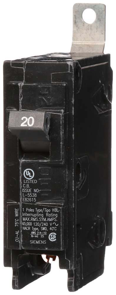 Product image for Siemens B120HH 1-Pole 20 Amp 120 VAC 65 kA Bolt-On Molded Case Circuit Breaker Circuit Breaker