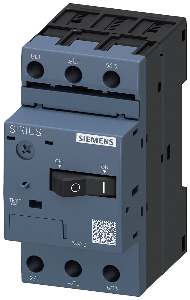 Product image for Siemens 3RV1011-1DA10 3-Pole 3.2 Amp 690 VAC 3-Phase Screw Terminal Thermal Magnetic Motor Starter Protector