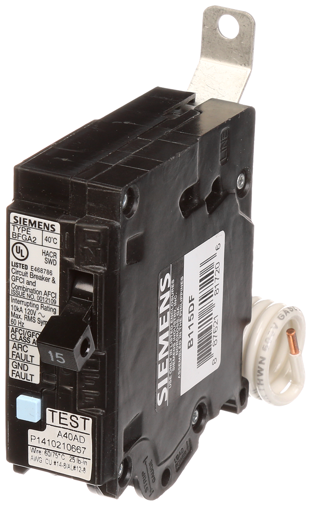 Product image for Siemens B115DF 1-Pole 15 Amp 120 VAC 10 kA Dual Function Arc Fault or Ground Fault Circuit Breaker