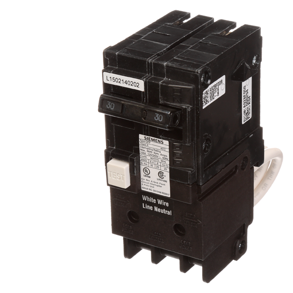 Product image for Siemens QF220A 2-Pole 20A 120/240 VAC Ground Fault Circuit Interrupter (GFCI) Breaker, Plug-On, 10kA, 5mA