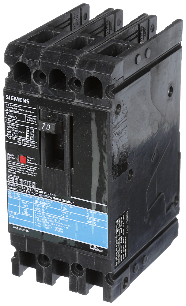 Product image for Siemens ED43B070 3-Pole 70 Amp 480 VAC 18 kA Circuit Breaker Lug