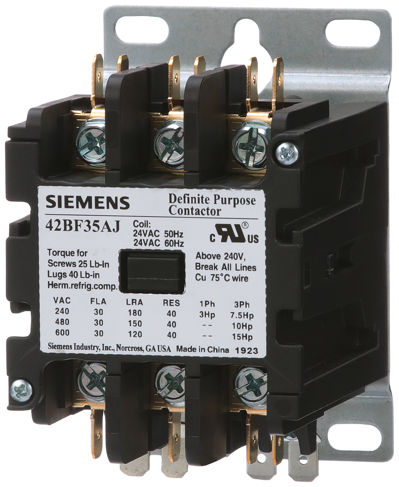 Product image for Siemens 42BF35AF 3-Pole 600 VAC 120 VAC Coil 30 Amp 10 Hp Open Type Definite Purpose Contactor