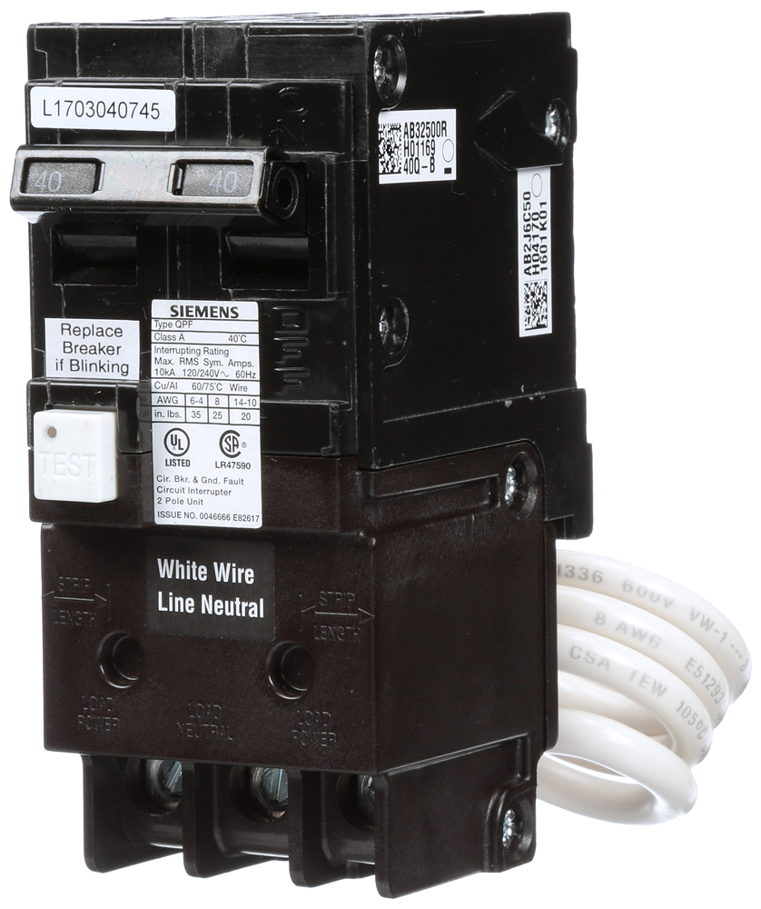 Product image for Siemens QF240A 2-Pole 40A 120/240 VAC Ground Fault Circuit Interrupter (GFCI) Breaker, Plug-On, 10kA, 5mA