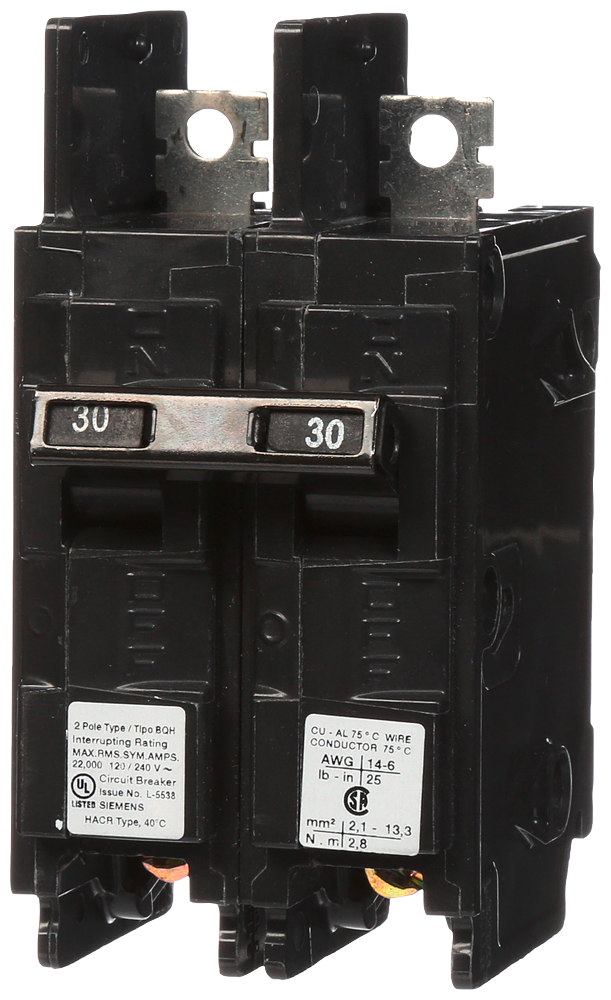 Product image for Siemens BQ2B030H 2-Pole 30 Amp 120/240 VAC 22 kA Circuit Breaker