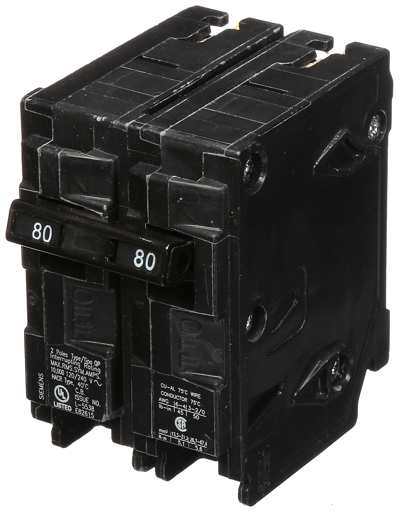 Siemens Q280 2-Pole 120/240 VAC 80 Amp 10 kA Plug-In Common Trip Circuit Breaker Product image for Siemens Q280 2-Pole 120/240 VAC 80 Amp 10 kA Plug-In Common Trip Circuit Breaker