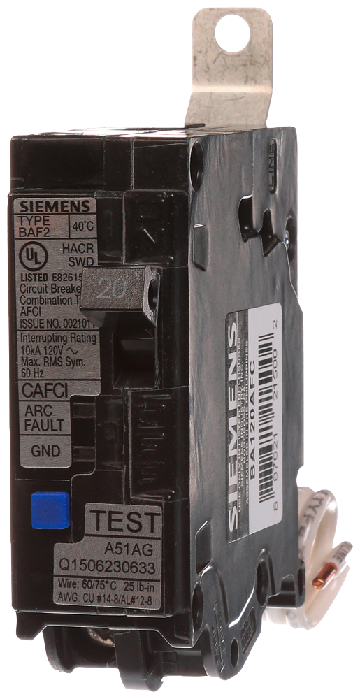 Product image for Siemens BA120AFC 1-Pole 20 Amp 120 VAC 10 kA Arc Fault Circuit Interrupter