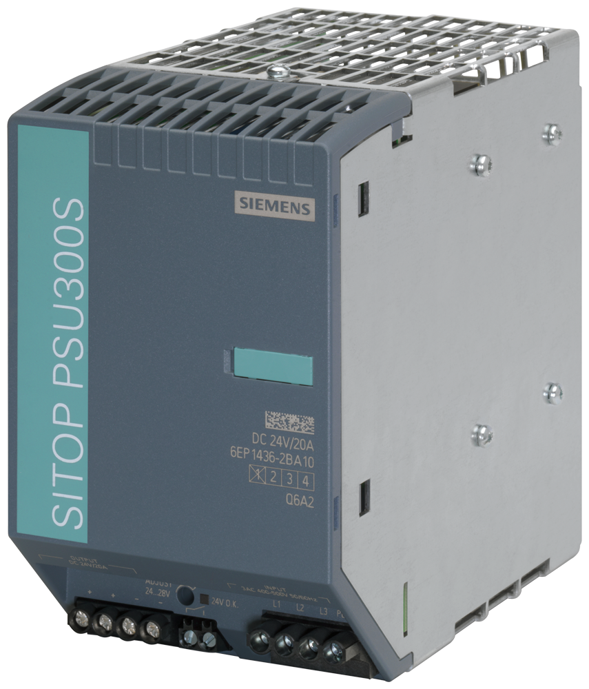 Product image for Siemens 6EP14362BA10 400 to 500 VAC Input 24 VDC 20 Amp Output Stabilized Power Supply
