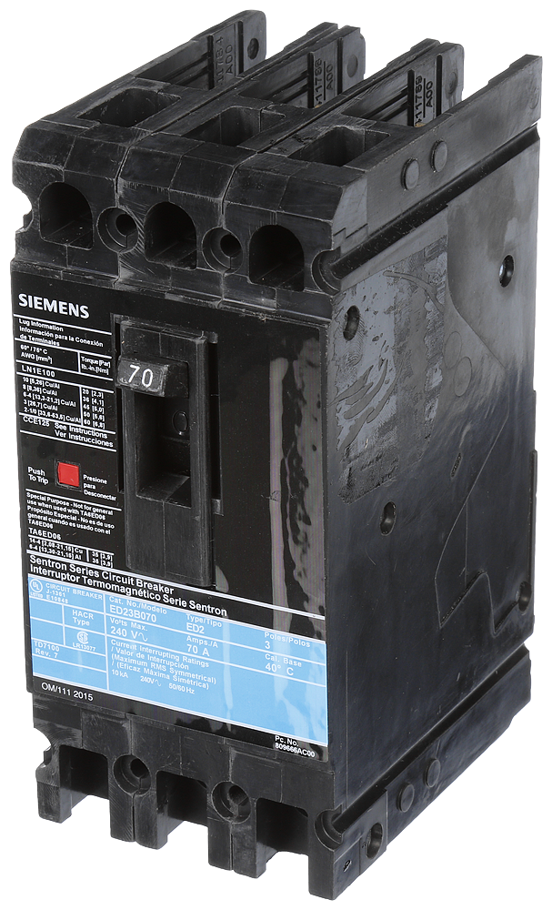 Siemens ED23B070 240 VAC 70 Amp 10 kaic 3-Pole Circuit Breaker with LD Lug Product image for Siemens ED23B070 240 VAC 70 Amp 10 kaic 3-Pole Circuit Breaker with LD Lug
