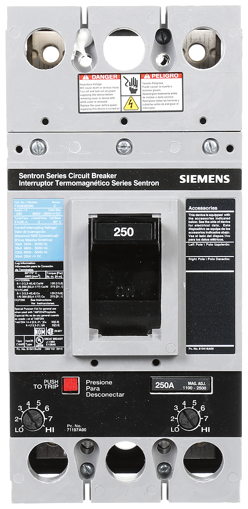Product image for Siemens FXD62B250 2-Pole 600 VAC 250 Amp 22 kA Non-Interchangeable Trip Thermal Magnetic Molded Case Circuit Breaker