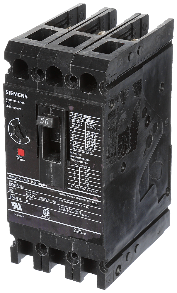 Product image for Siemens ED63A050 600 Volt 50 Amp 3-Pole Circuit Breaker with ETI Lugs