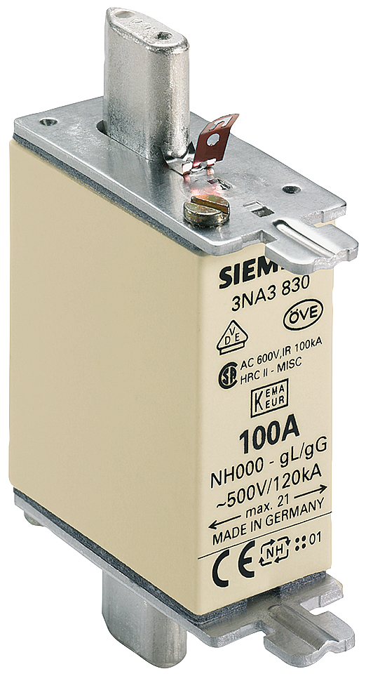 Product image for Siemens 3NA3830 100 Amp 500 VAC/250 VDC 120 kA IP20 Vertical Mount Low Voltage HRC Fuse Link